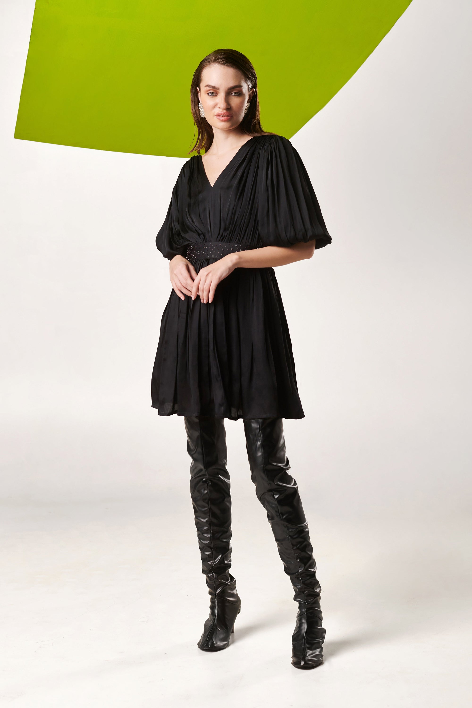 Black Raven Pleated Short Dress