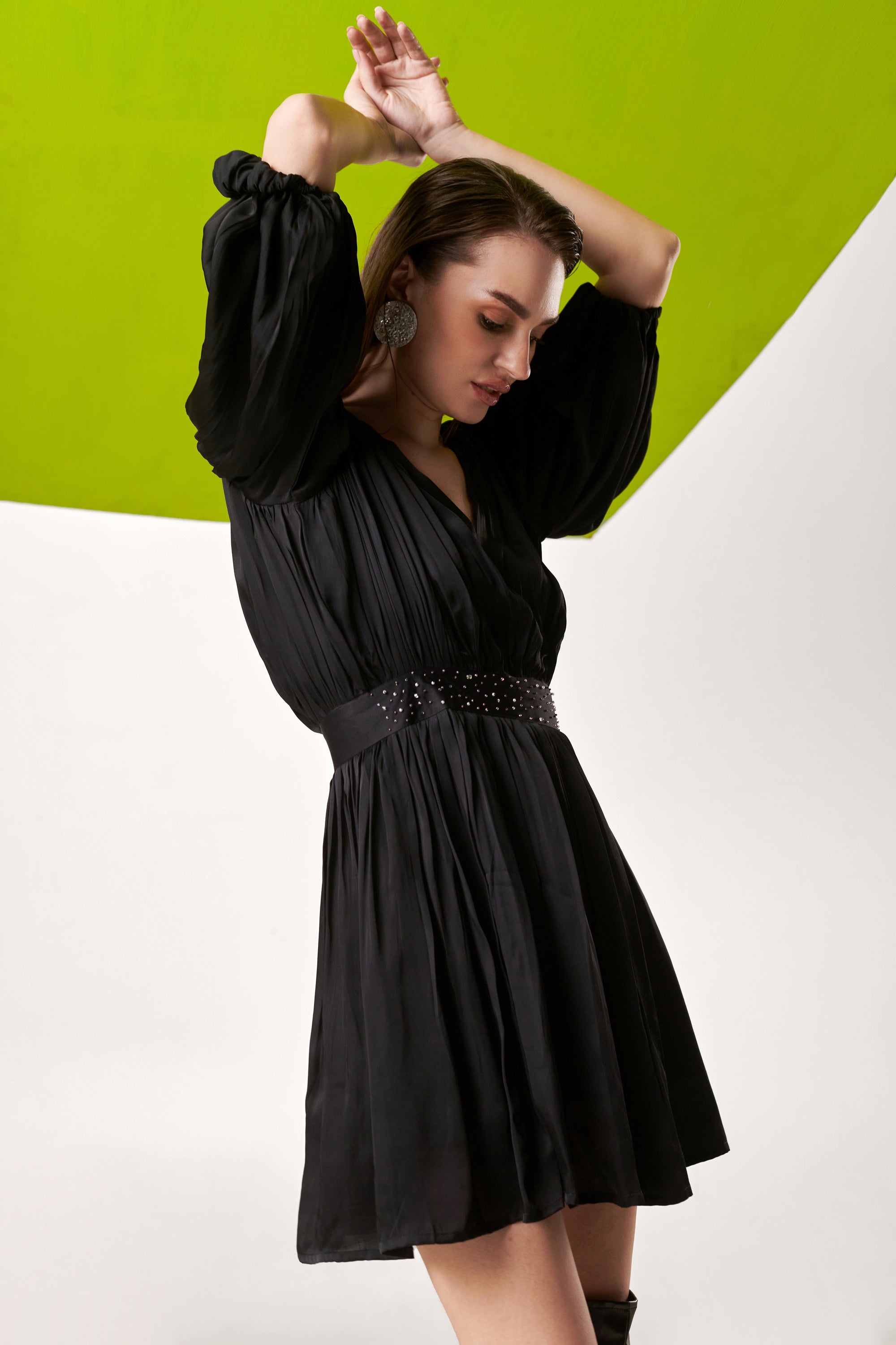 Black Raven Pleated Short Dress
