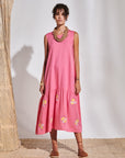 Pink Linen Floral Applique Long Dress