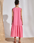 Pink Linen Floral Applique Long Dress