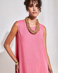 Pink Linen Floral Applique Long Dress