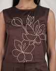 Brown Sleeveless Embroidery Co-ord Set