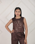 Brown Sleeveless Embroidery Co-ord Set