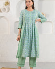 Green Embroidered Pleated Kurta