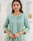 Green Embroidered Pleated Kurta