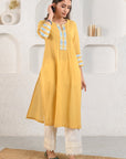 Yellow Embroidered Dobby Kurta