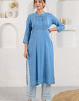 Blue Pleated Dobby Kurta