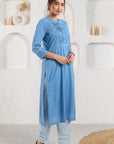 Blue Pleated Dobby Kurta