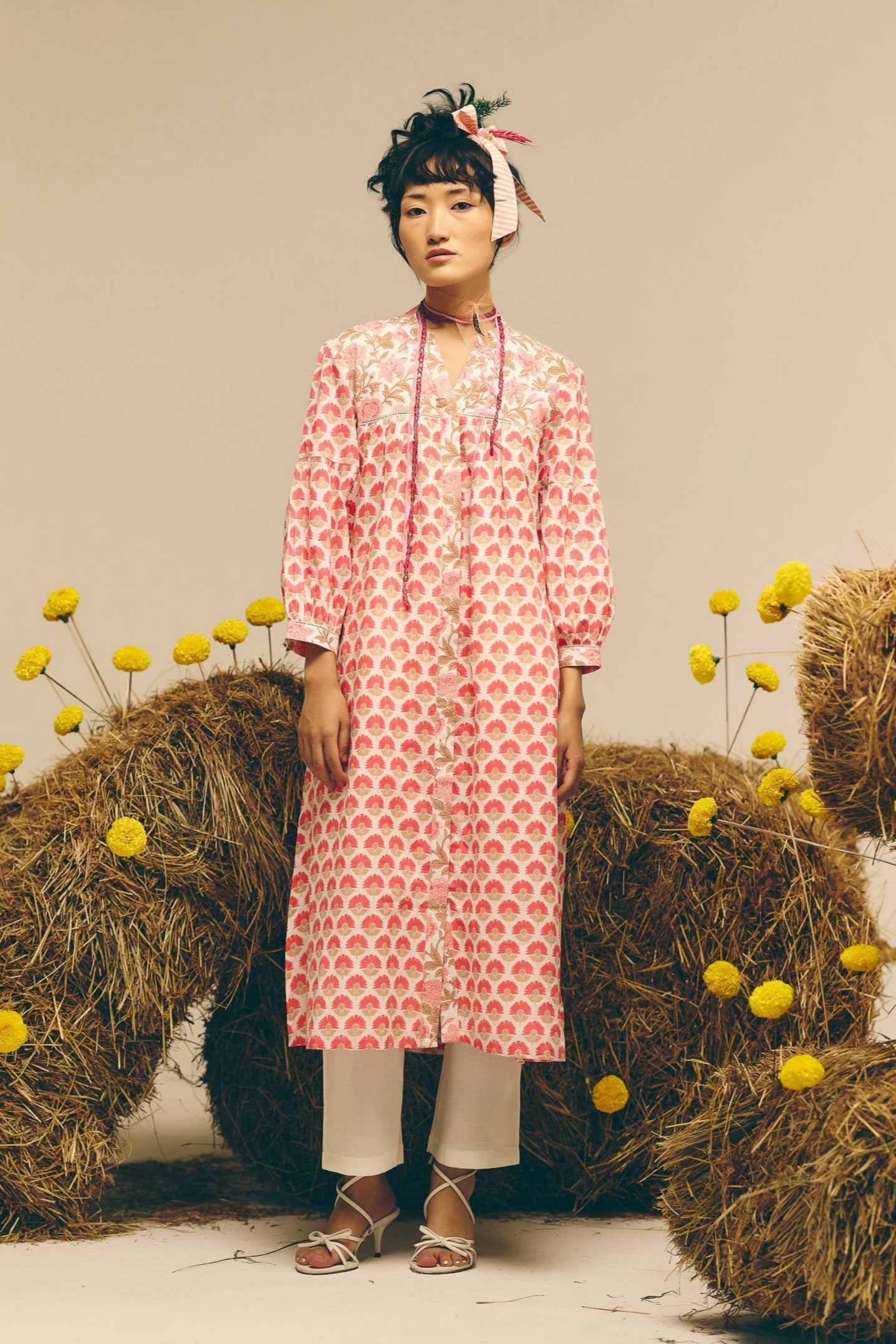 White Pink Gathered Kurta