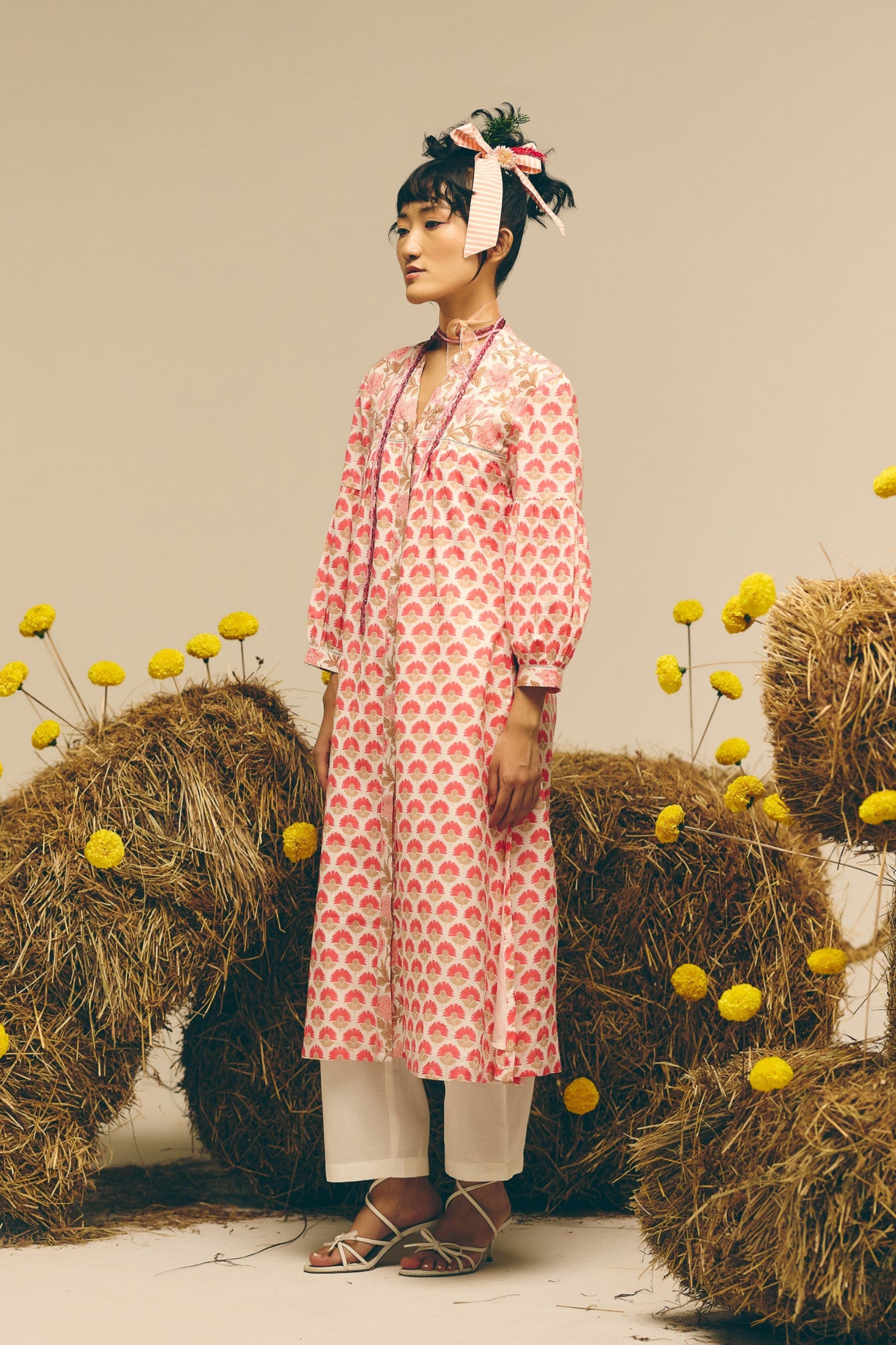 White Pink Gathered Kurta