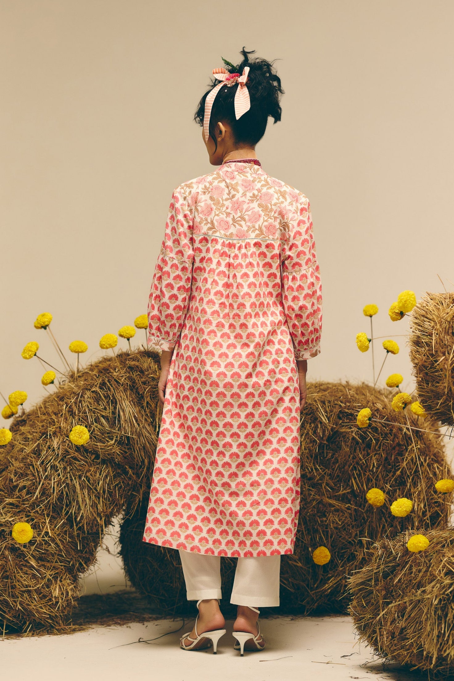 White Pink Gathered Kurta