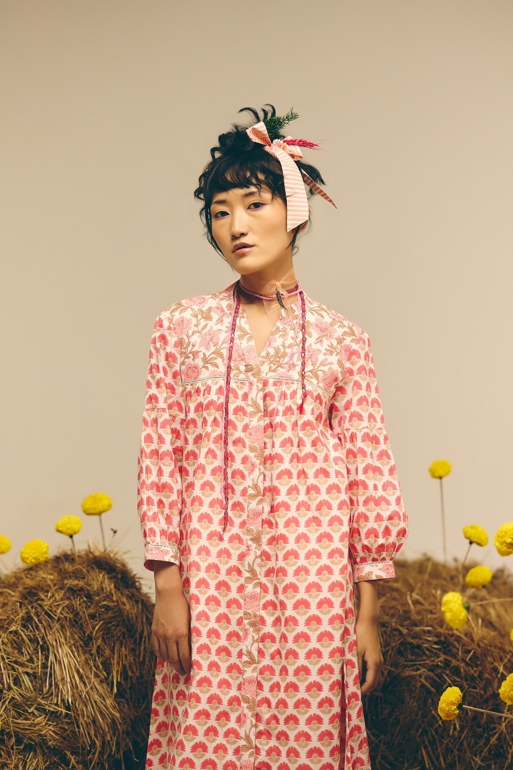 White Pink Gathered Kurta