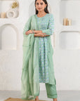 Green Embroidered Pleated Suit Set