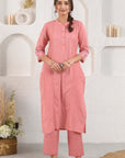 Peach Pintucked Dobby Suit Set With Slip