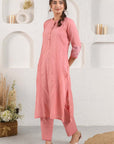 Peach Pintucked Dobby Suit Set With Slip