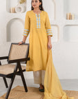 Yellow Embroidered Dobby Suit Set With Slip