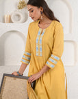 Yellow Embroidered Dobby Suit Set With Slip