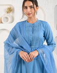 Blue Pleated Dobby Suit Set With Slip