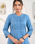 Blue Pleated Dobby Suit Set With Slip