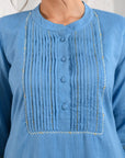 Blue Pleated Dobby Suit Set With Slip