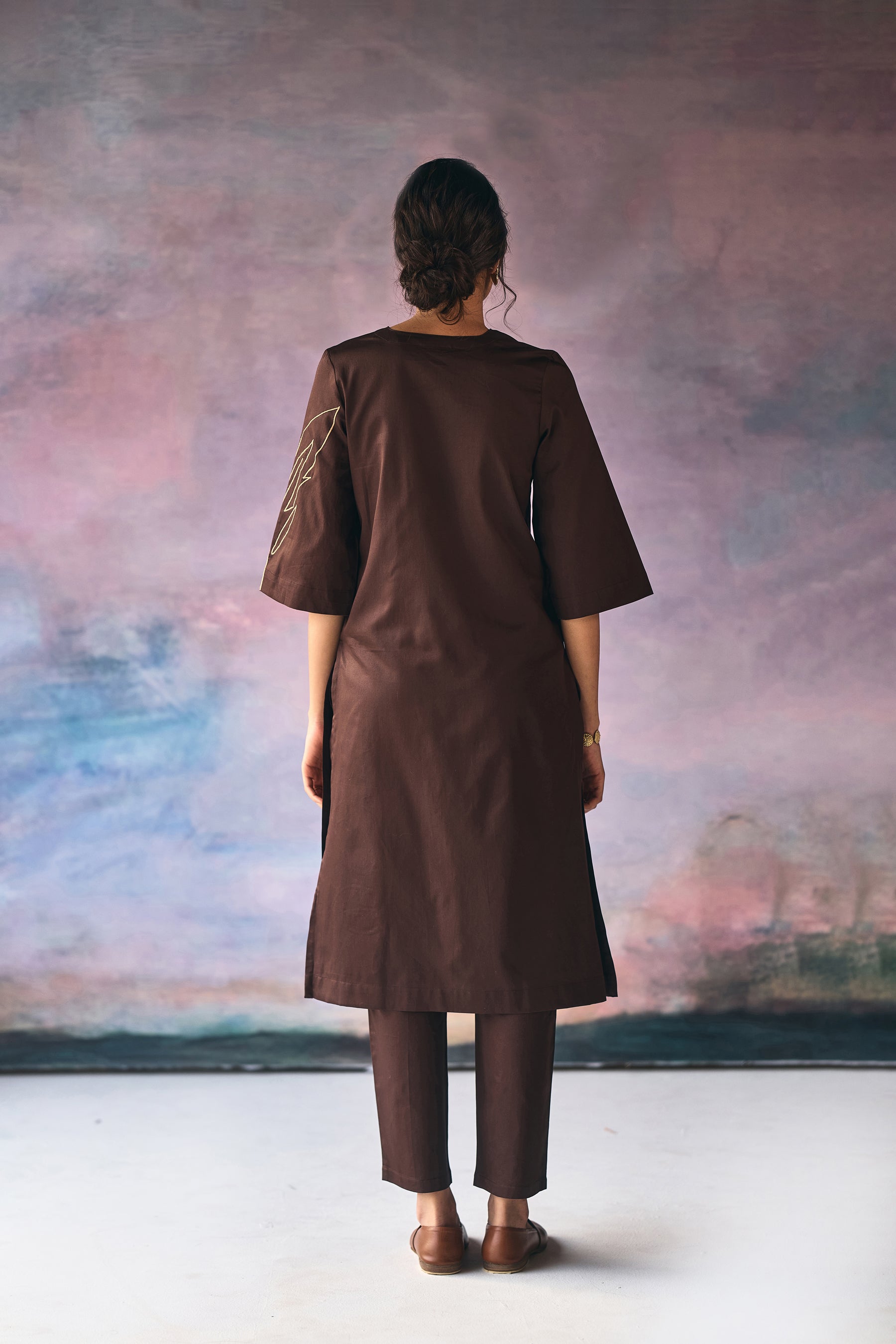 Brown Leaves Embroidery Kurta Set