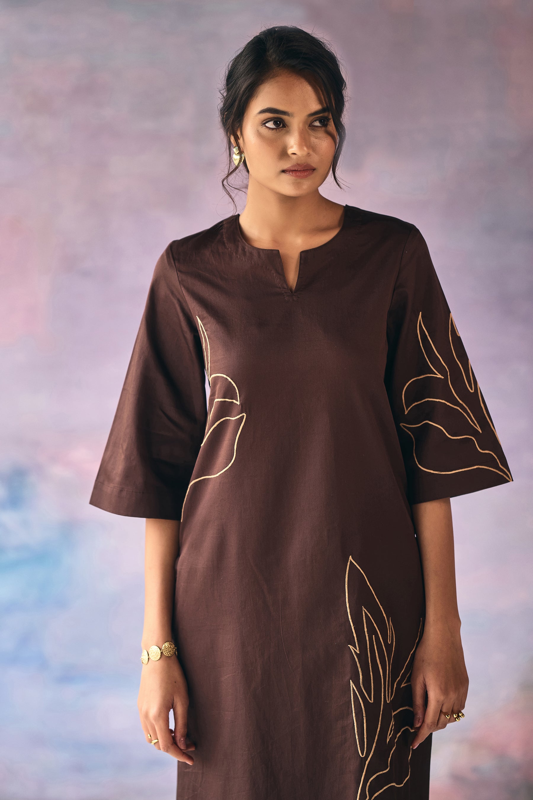 Brown Leaves Embroidery Kurta Set