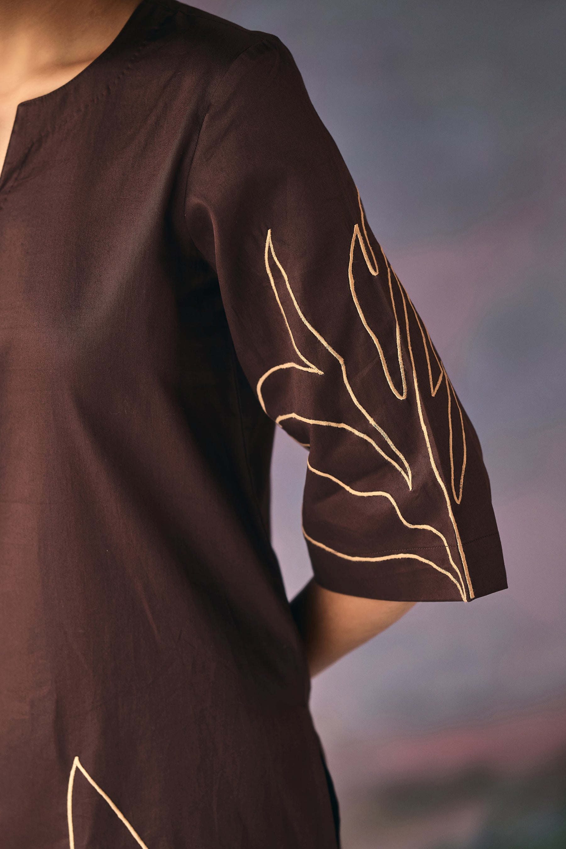 Brown Leaves Embroidery Kurta Set