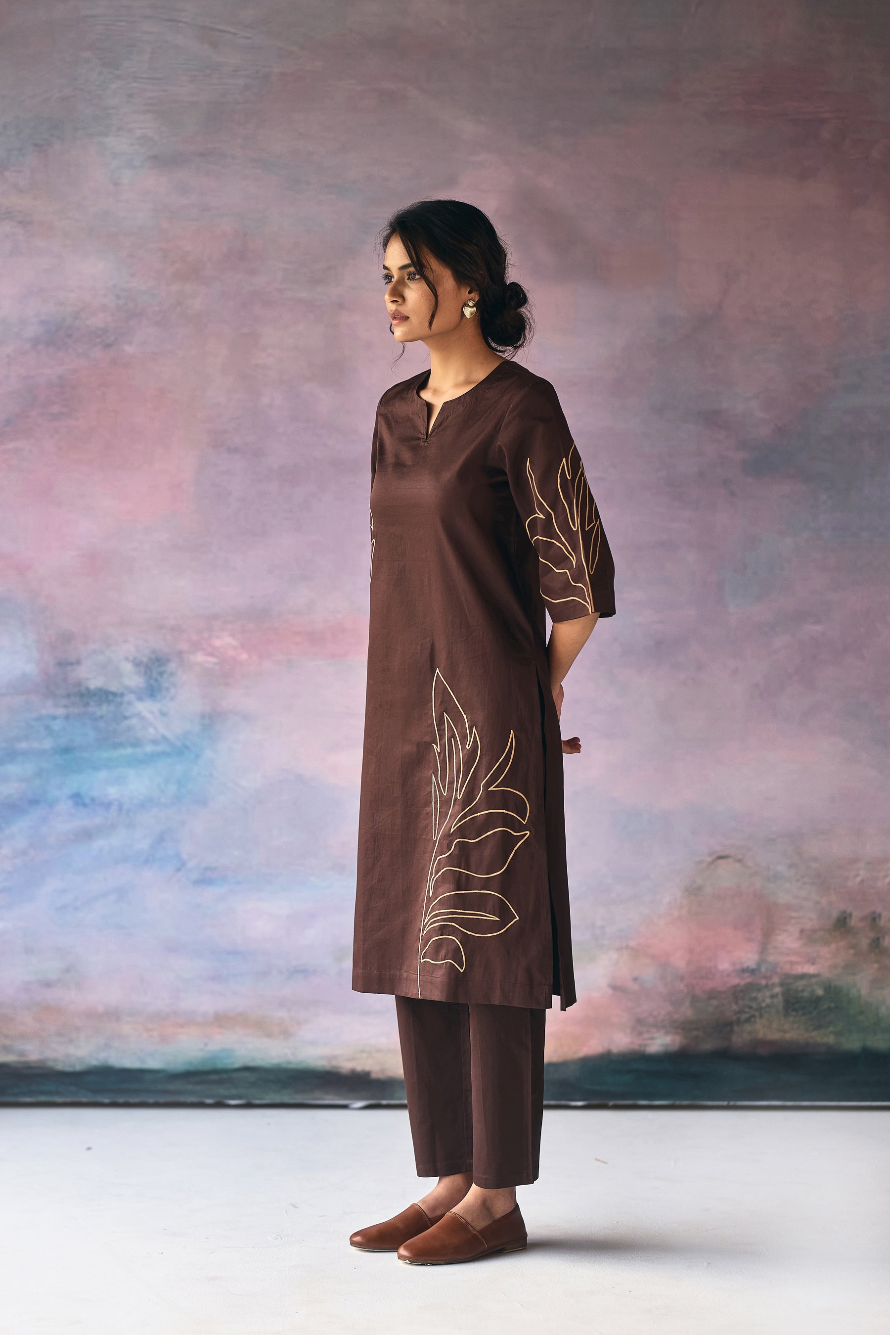 Brown Leaves Embroidery Kurta Set