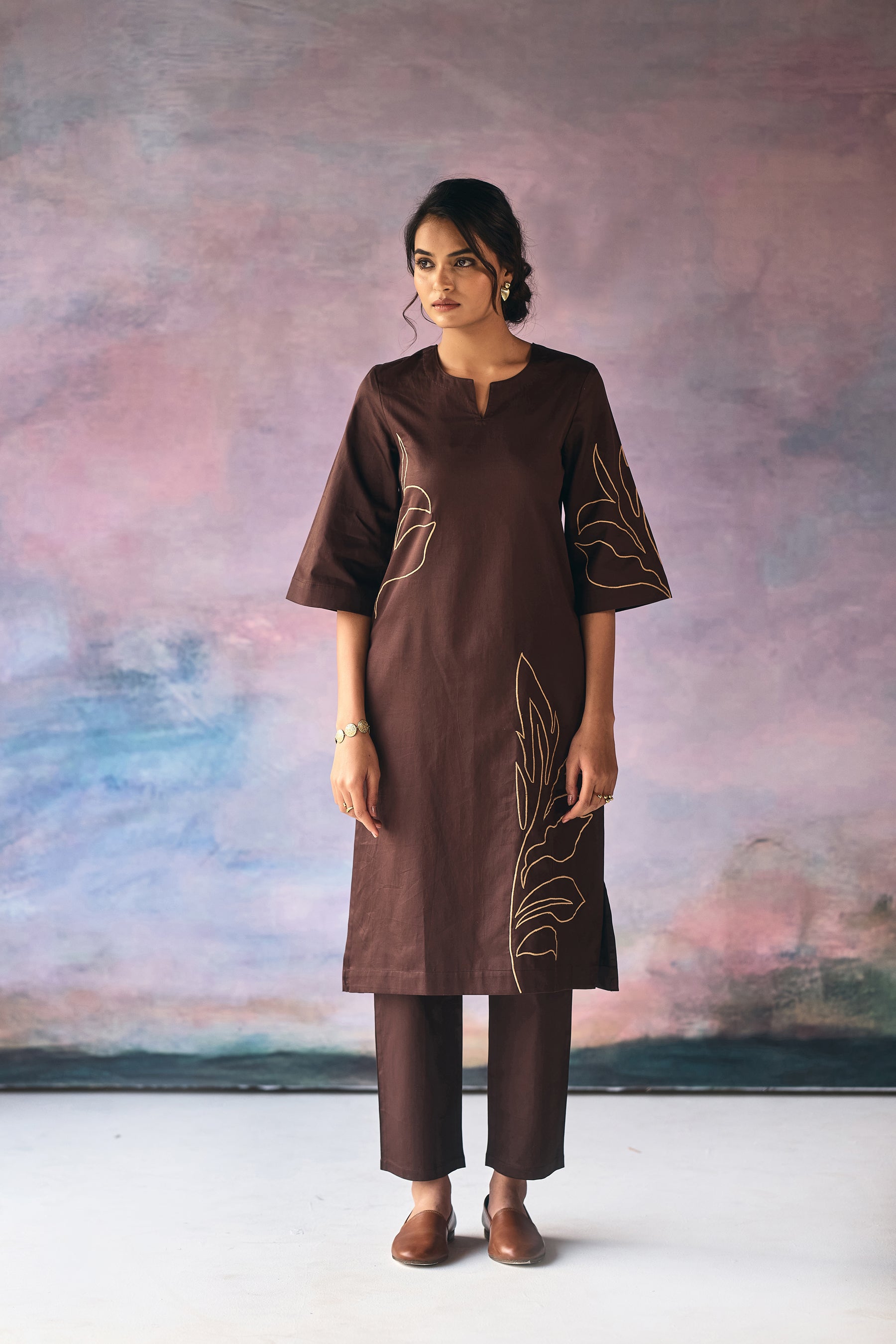 Brown Leaves Embroidery Kurta Set