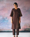 Brown Leaves Embroidery Kurta Set
