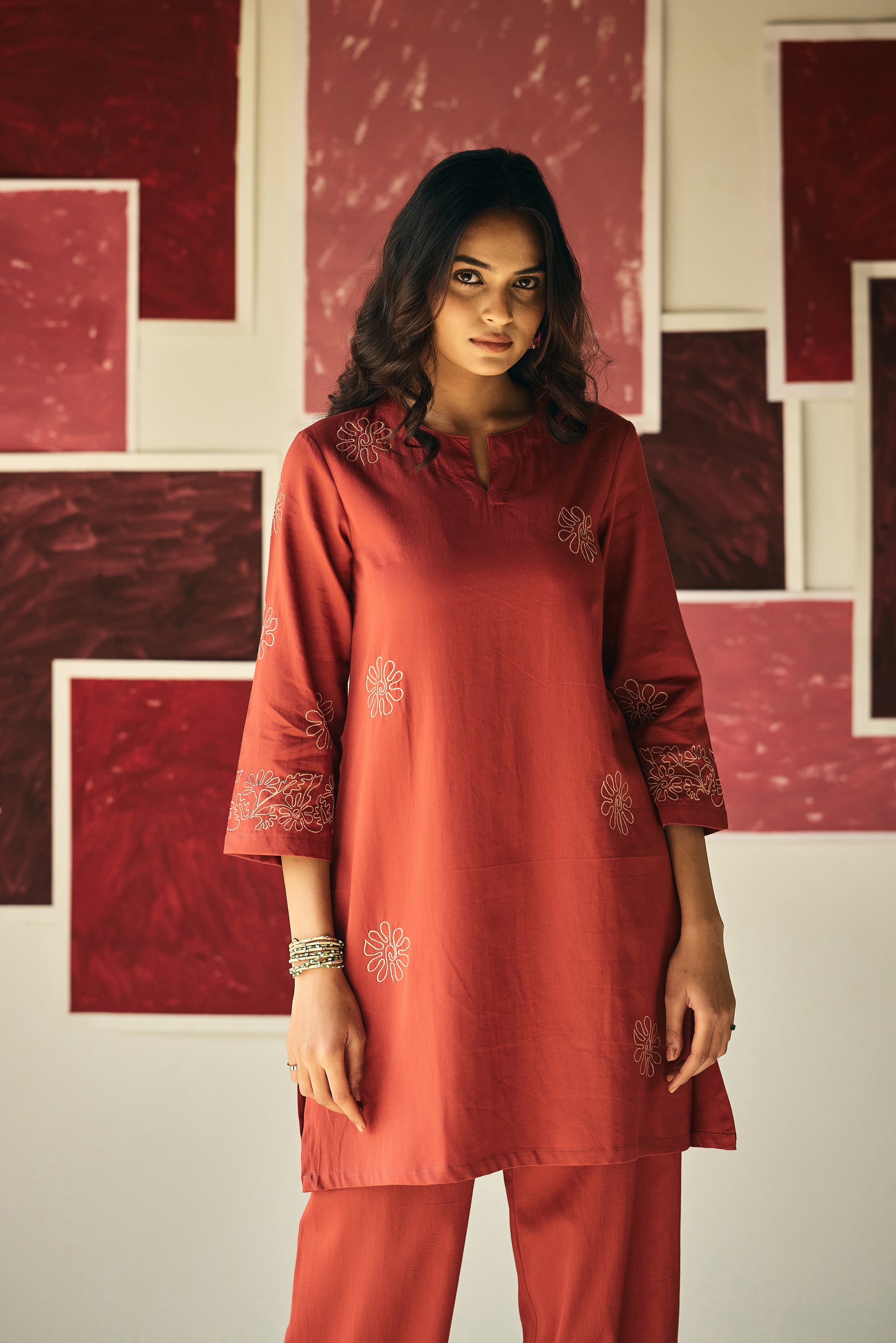 Red Dahlia Embroidery Kurta Set