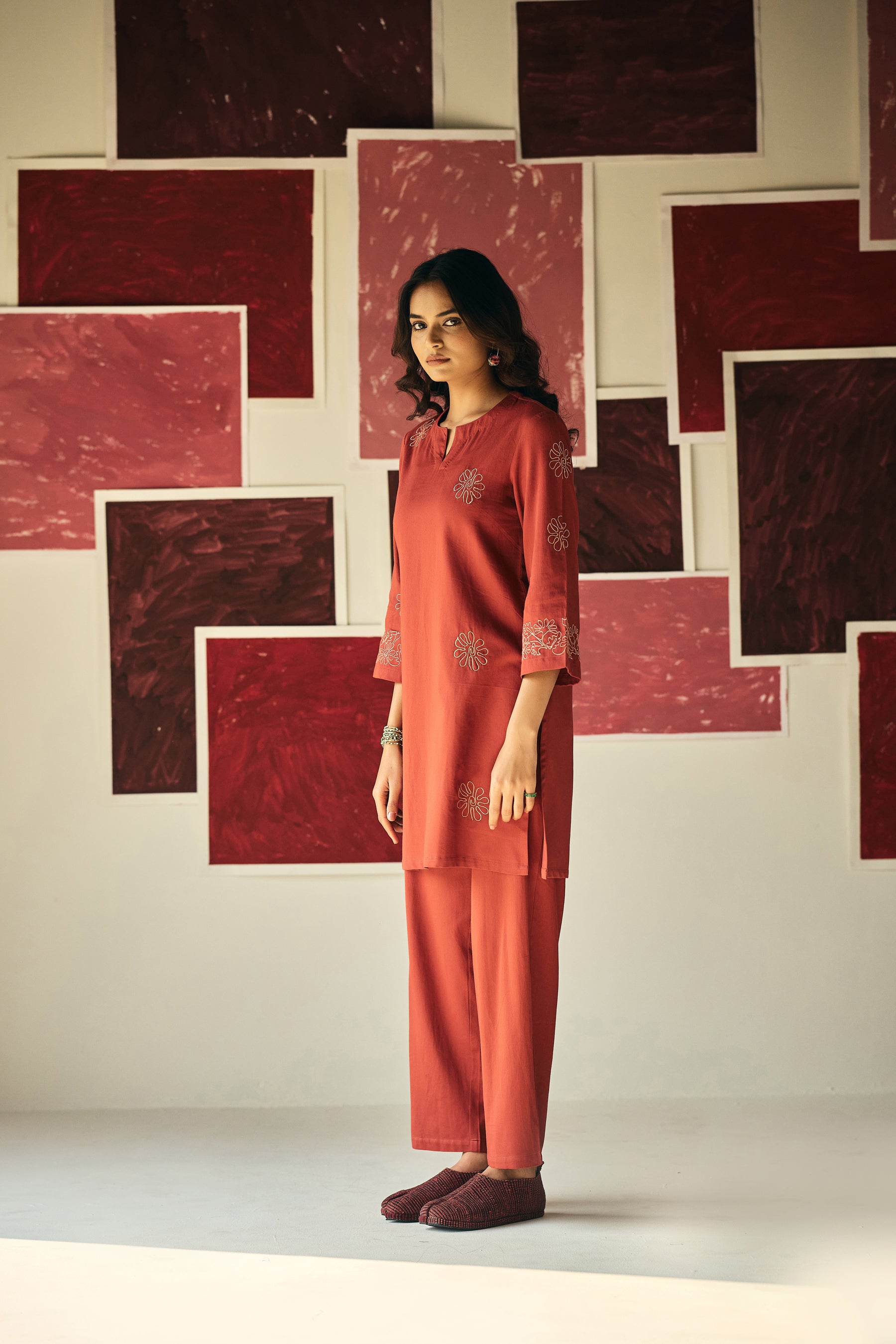 Red Dahlia Embroidery Kurta Set