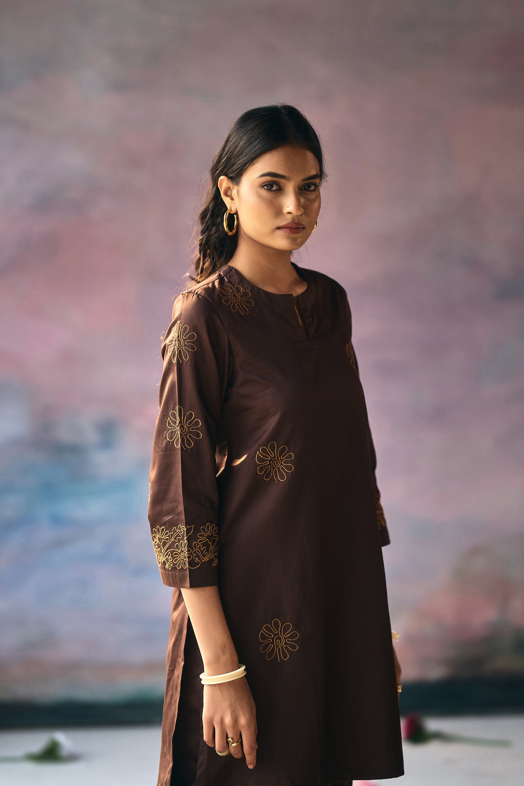 Brown Dahlia Embroidery Kurta Set
