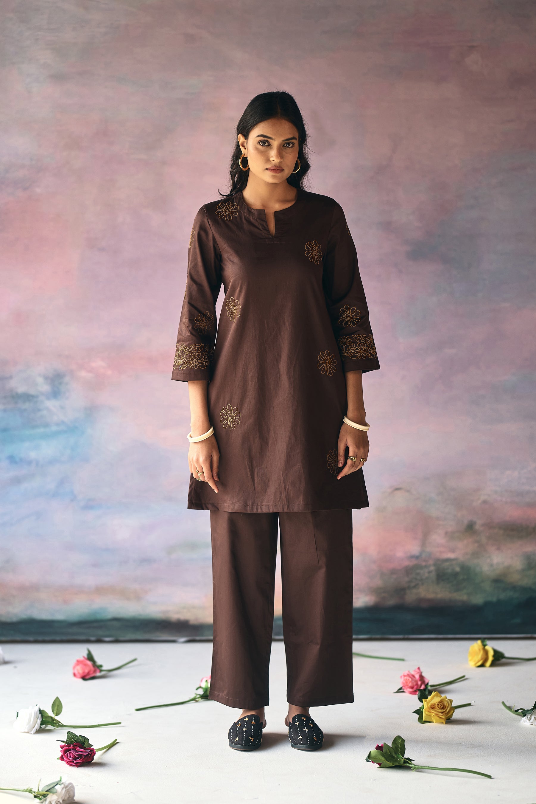 Brown Dahlia Embroidery Kurta Set