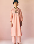 Peach Collared Poplin Kurta Set