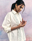 White Floral Border Embroidery Shirt