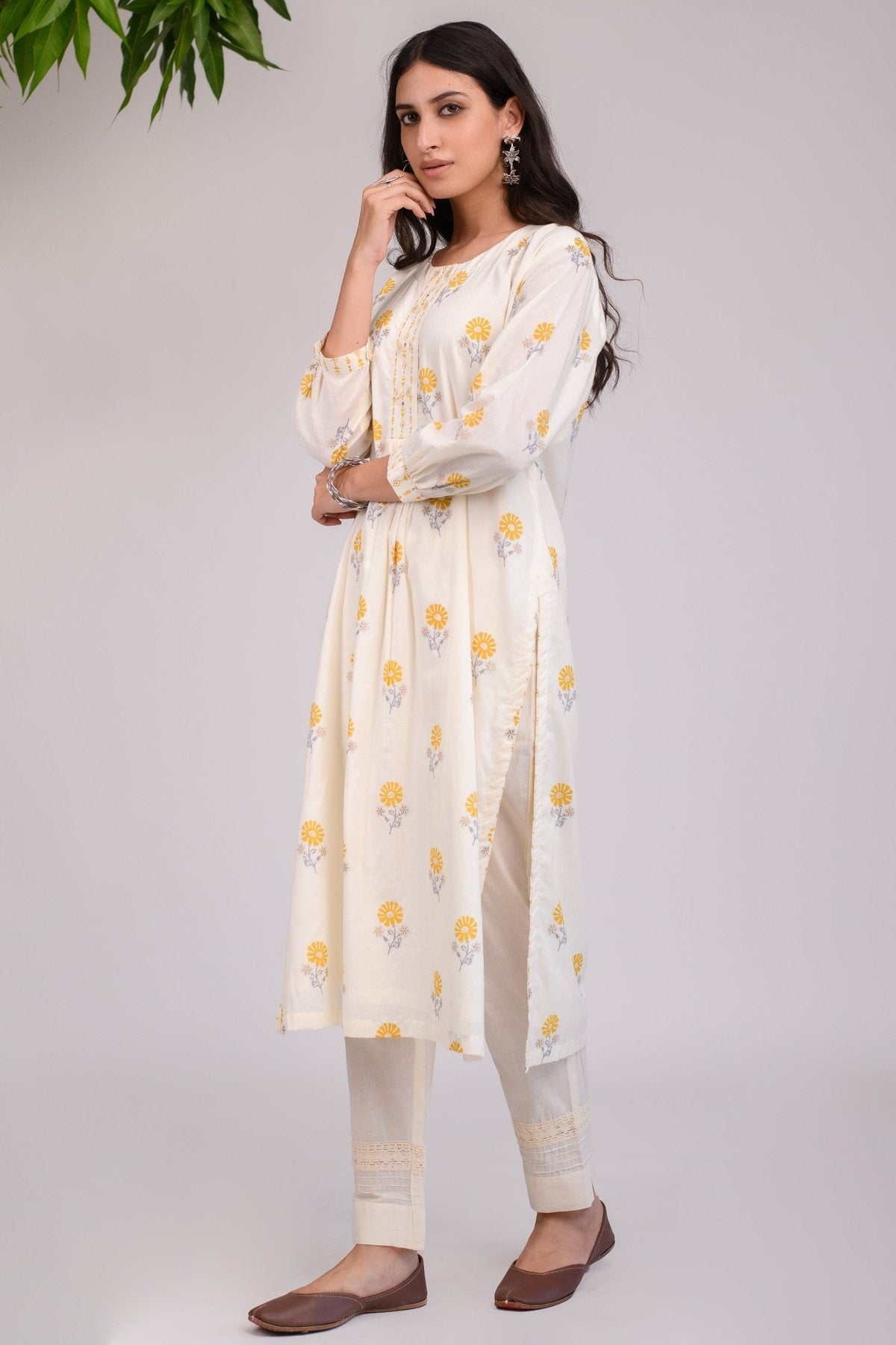 White Yellow Flower kurta