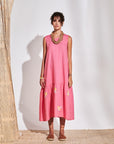 Pink Linen Floral Applique Long Dress