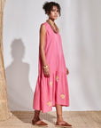 Pink Linen Floral Applique Long Dress