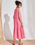 Pink Linen Floral Applique Long Dress