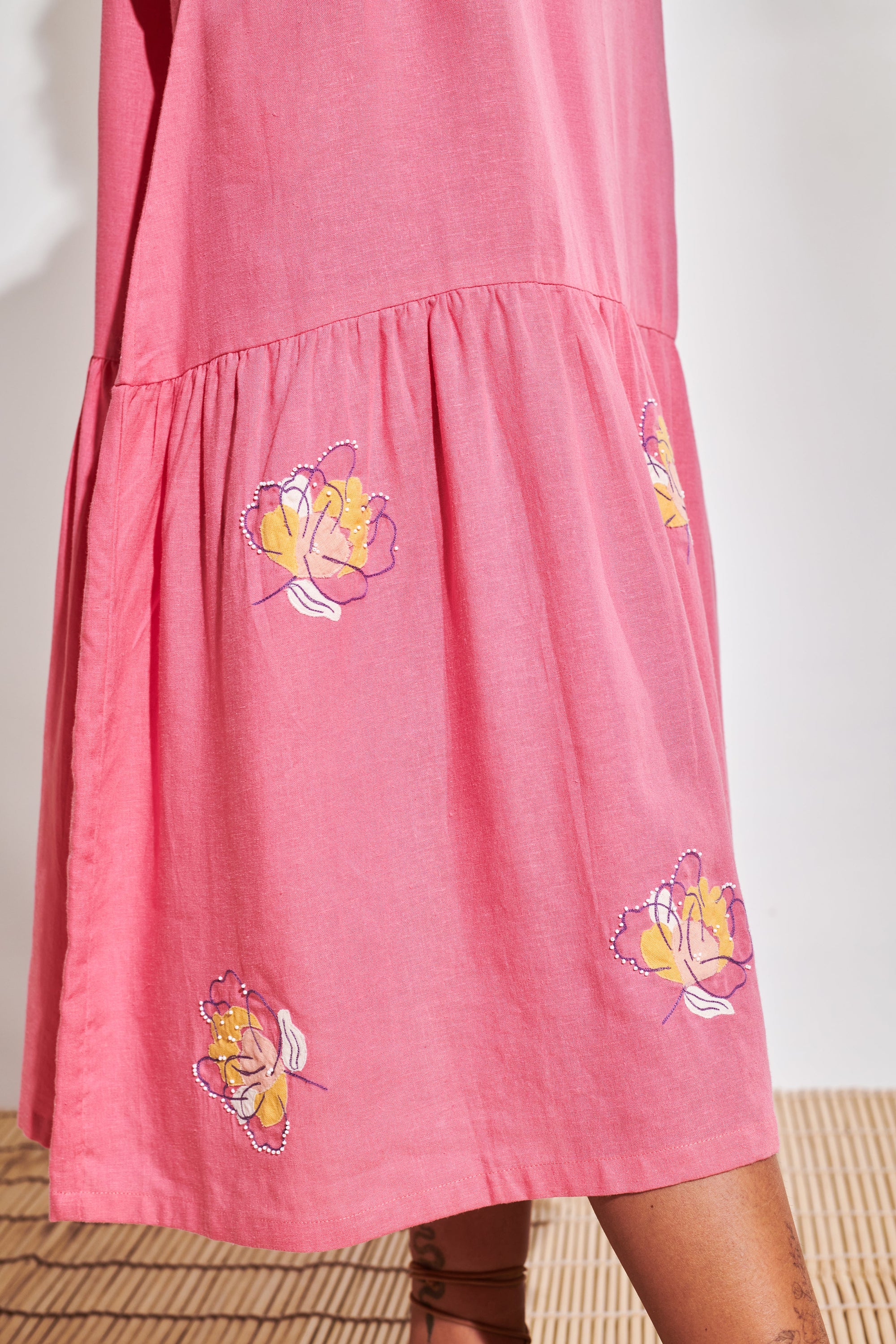 Pink Linen Floral Applique Long Dress