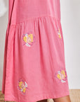 Pink Linen Floral Applique Long Dress