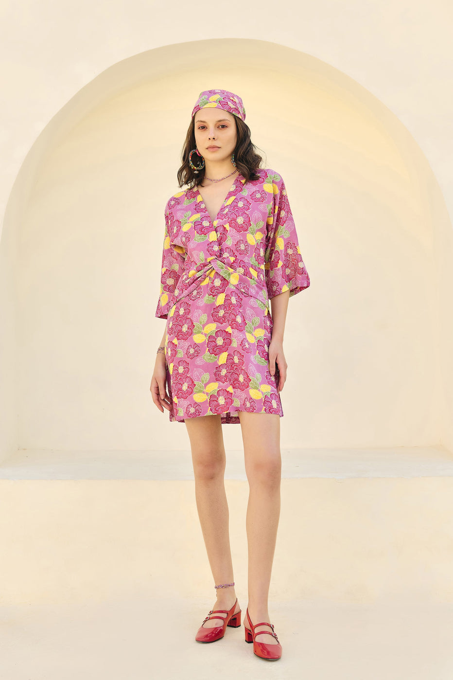 Women Mustard & Blue Floral Front Knot Short Dress