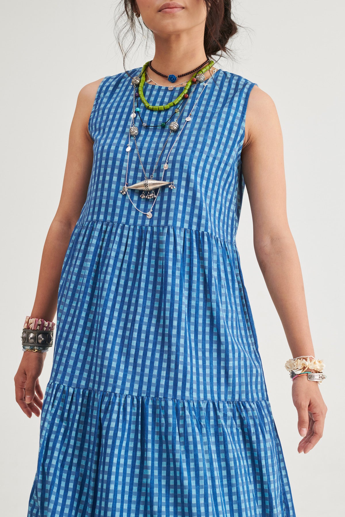 Indigo Checks Sleeveless Dress