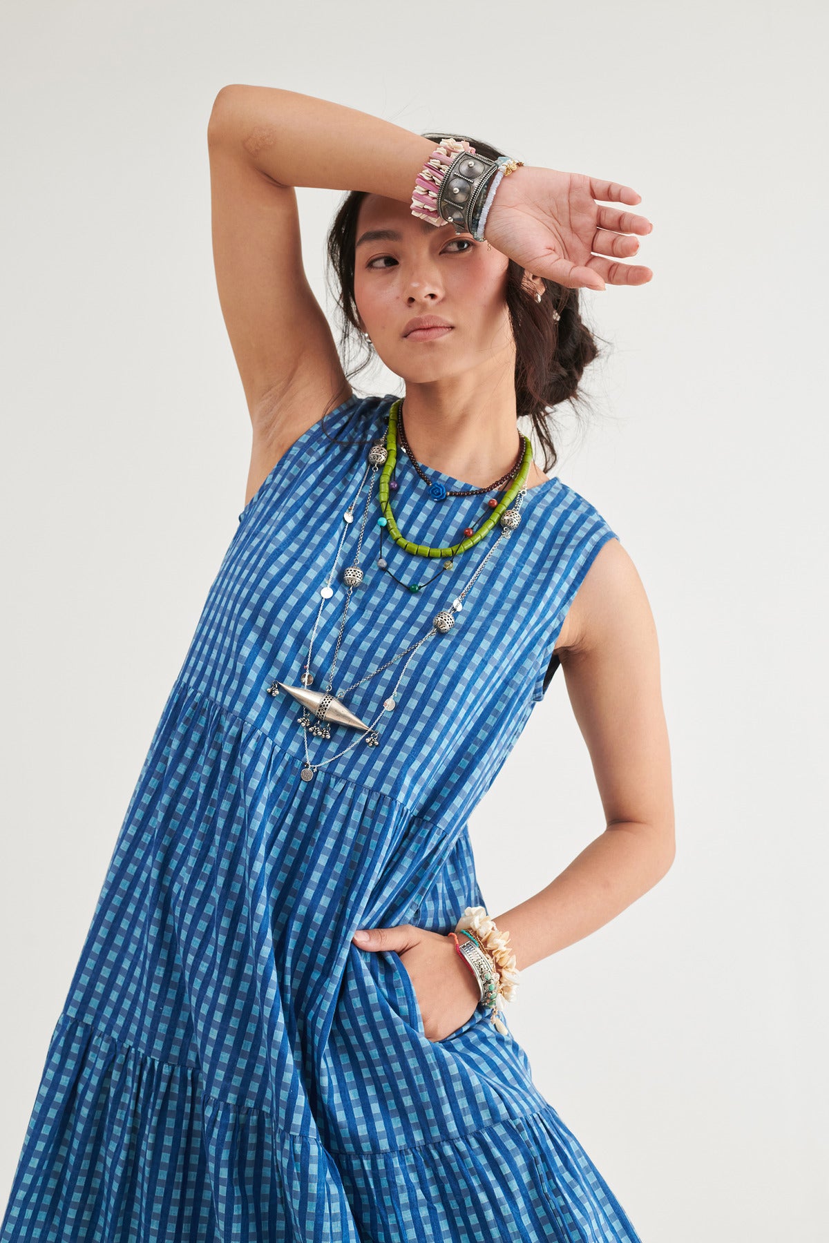 Indigo Checks Sleeveless Dress