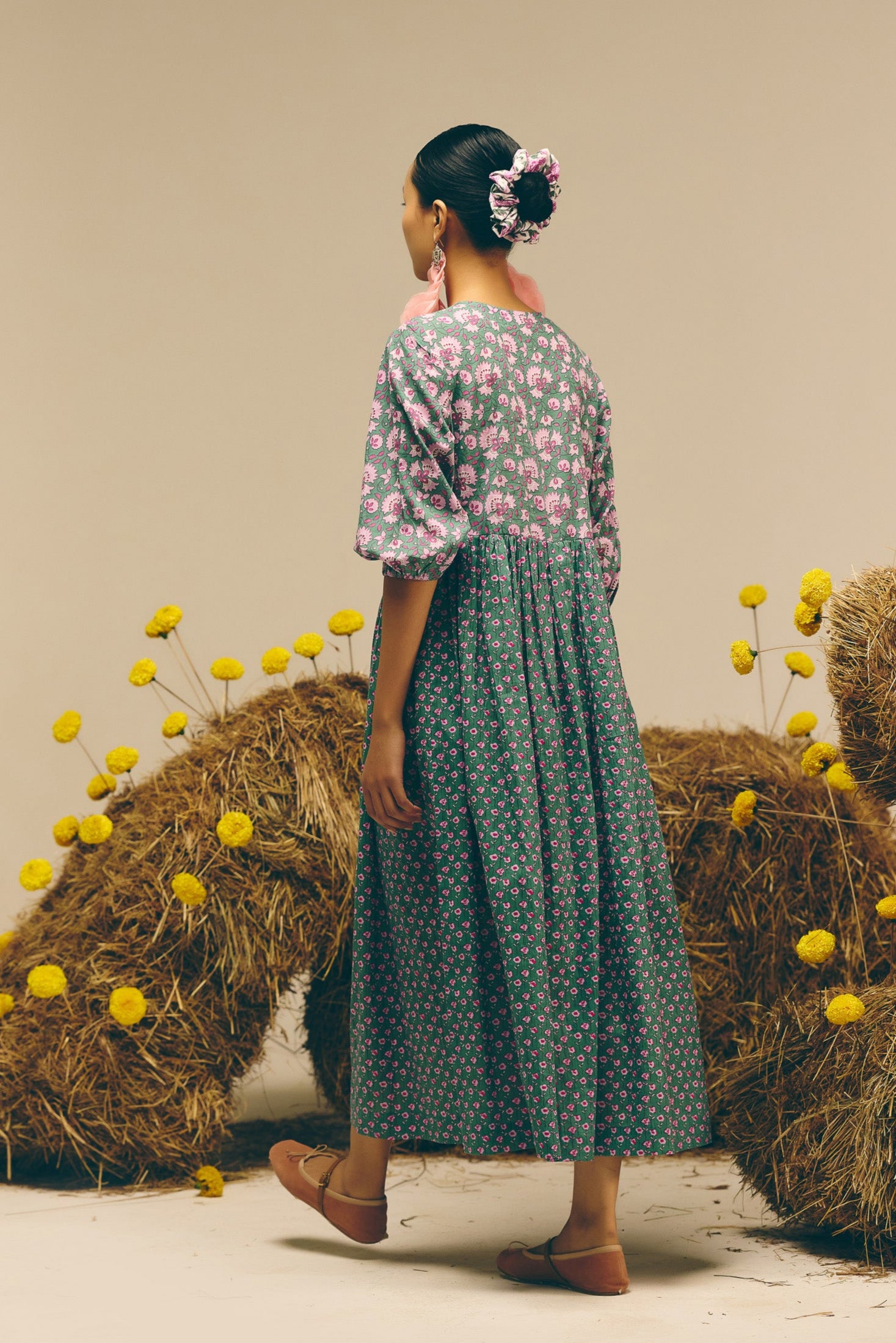 Green Floral Midi Dress with Ties