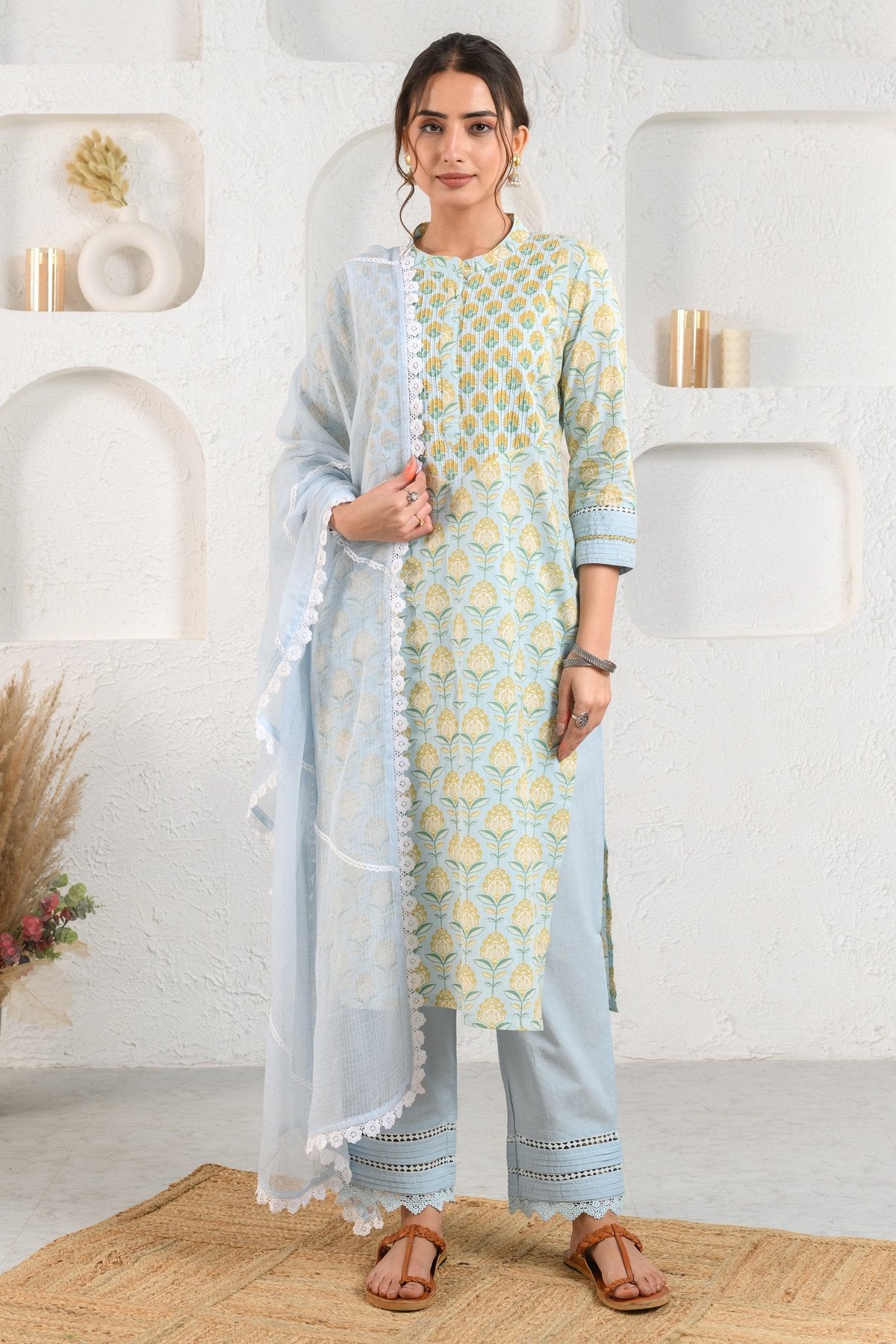 Blue Pintucked Yoke Suit Set