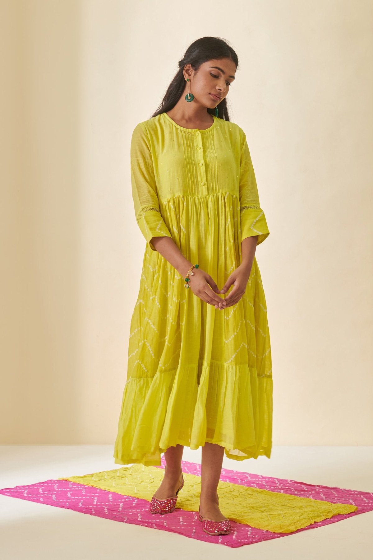 Lime Green Bandhani Midi Dress
