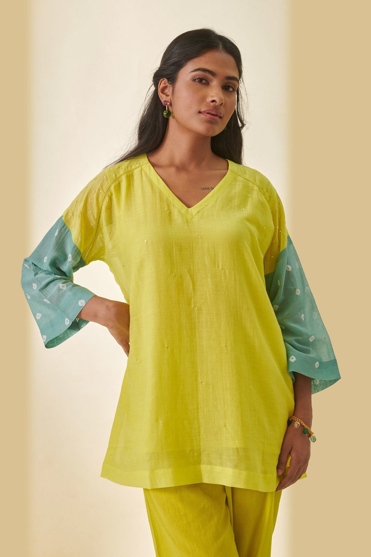 Lime Green Bandhani Color Block Shirt