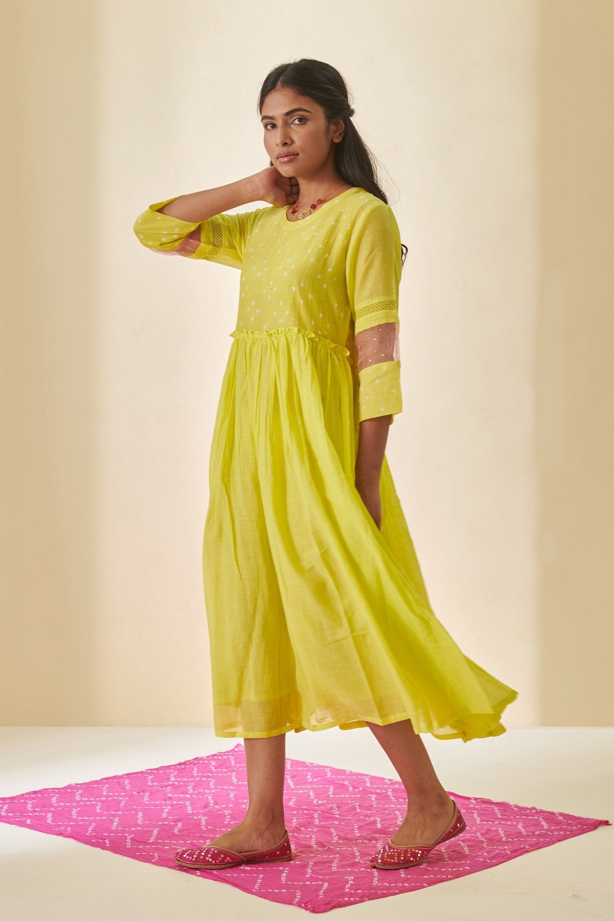 Lime Green Bandhani Frill Dress